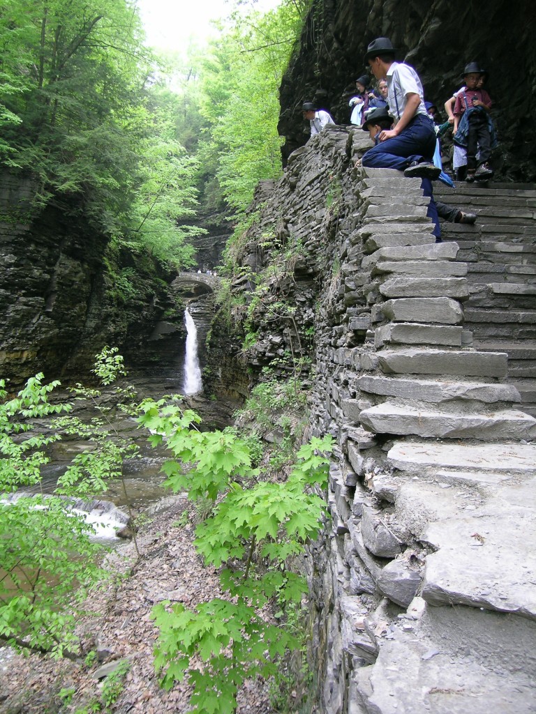 Stone staircase climbs to Central Cascade in Watkins Glen State Park in New York's Finger Lakes region.